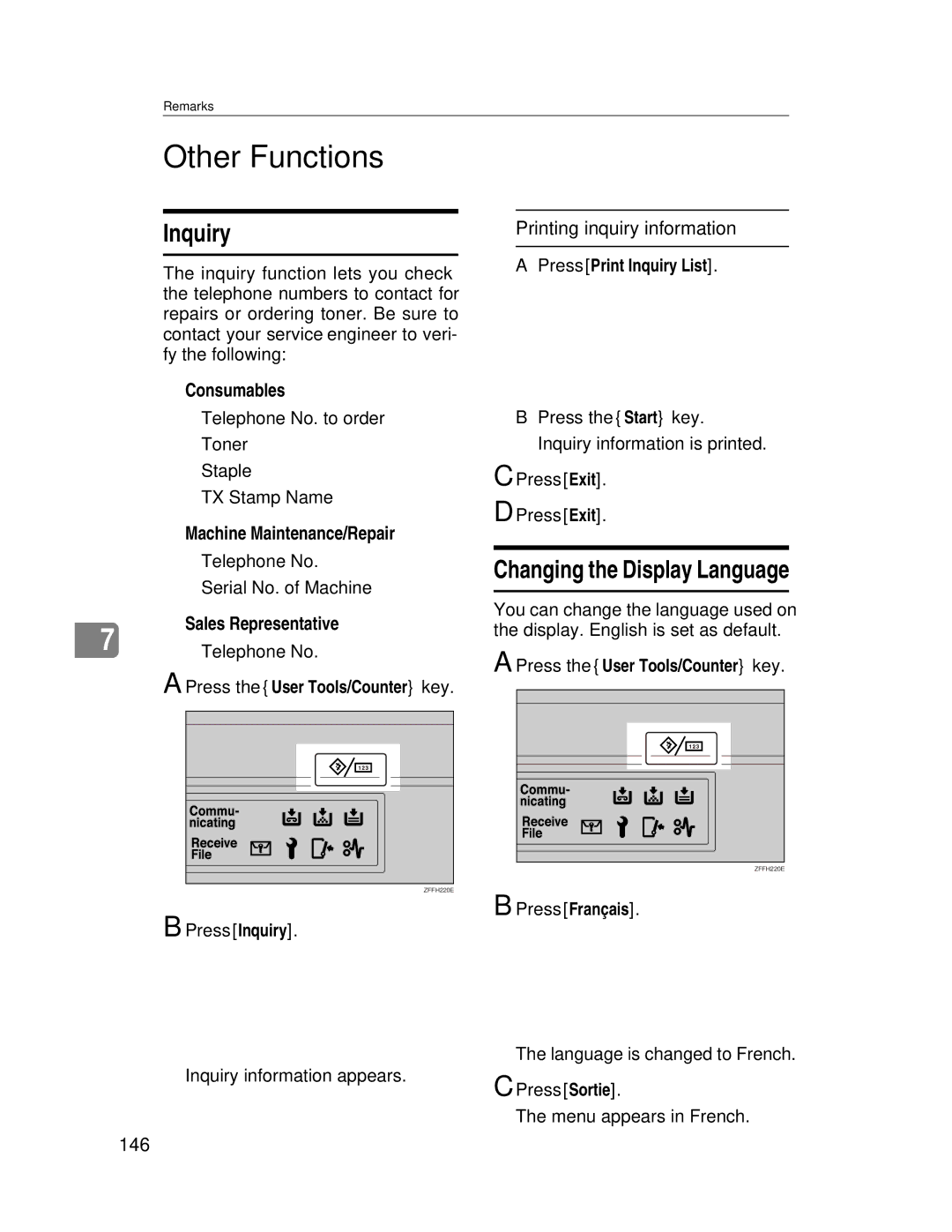 Lanier LD225, LD230 manual Other Functions, Inquiry, Changing the Display Language 