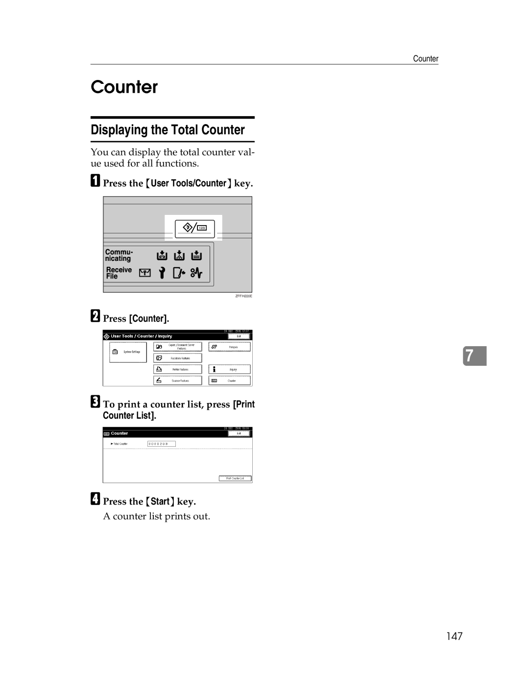 Lanier LD230, LD225 manual Displaying the Total Counter, 147, Press Counter, Counter List 