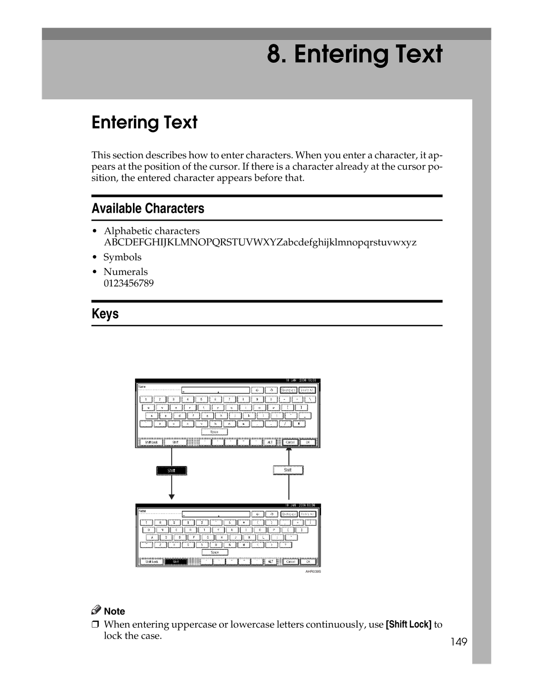 Lanier LD230, LD225 manual Entering Text, Available Characters, Keys, 149 