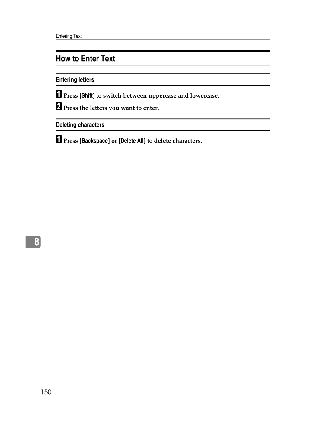 Lanier LD225, LD230 manual How to Enter Text, Entering letters, Deleting characters, 150 