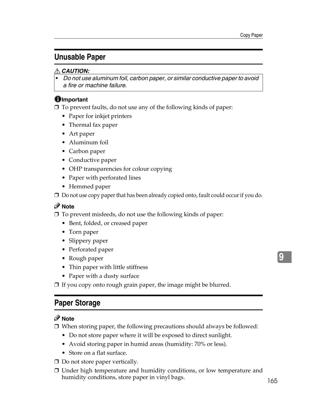 Lanier LD230, LD225 manual Unusable Paper, Paper Storage, 165 