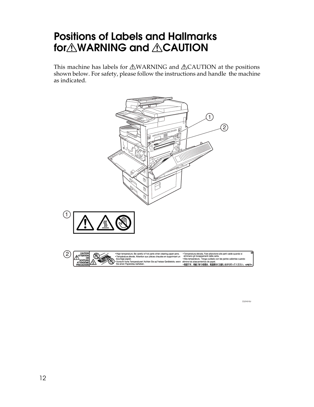 Lanier LD225, LD230 manual Positions of Labels and Hallmarks forRWARNING and Rcaution 