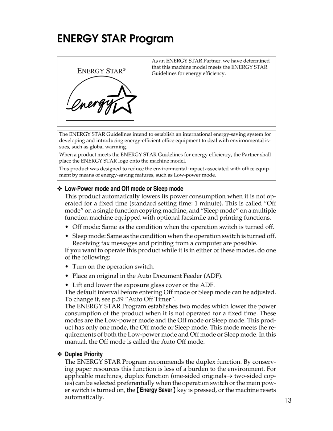 Lanier LD230, LD225 manual Energy Star Program, Low-Power mode and Off mode or Sleep mode, Duplex Priority 