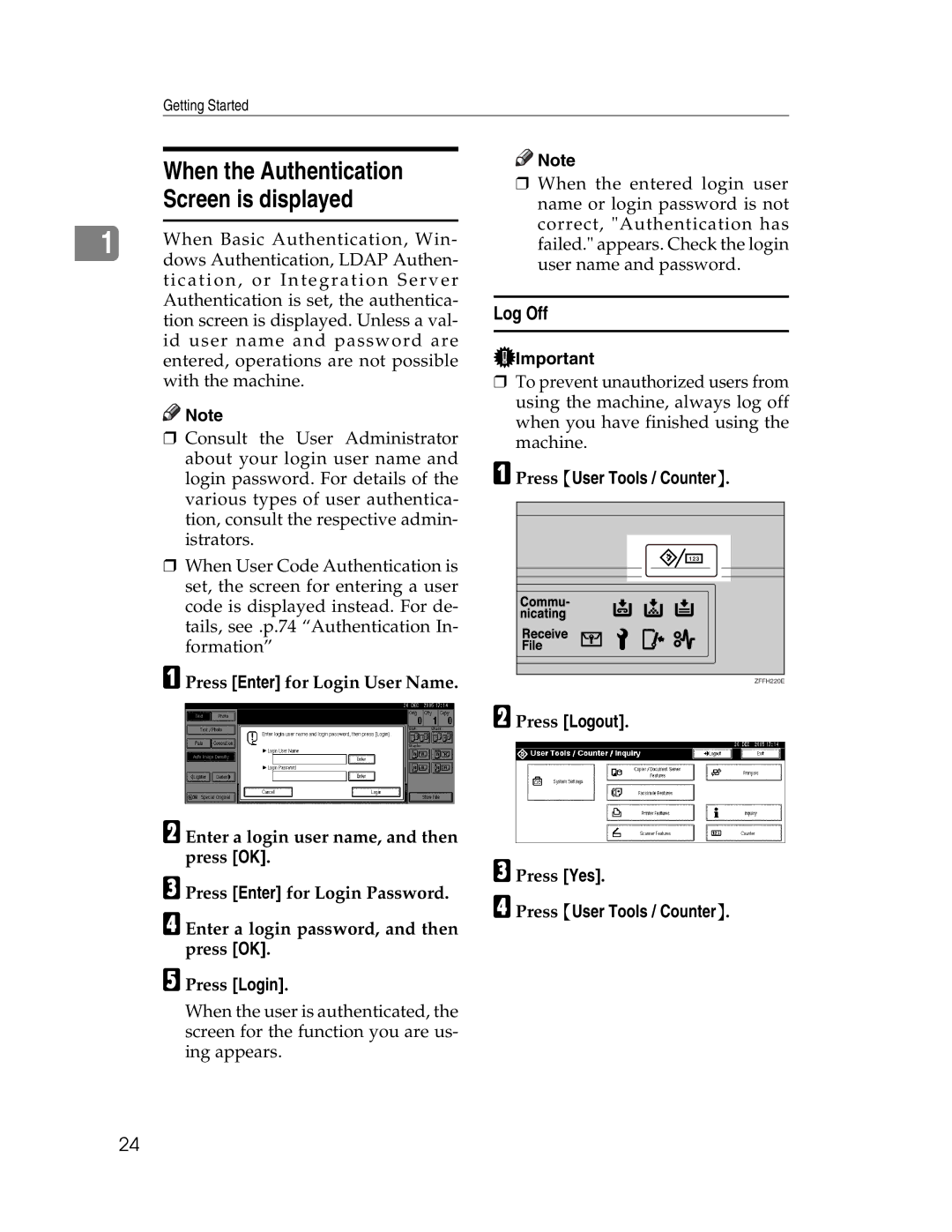 Lanier LD225, LD230 manual When the Authentication, Screen is displayed, Log Off, Press User Tools / Counter, Press Logout 