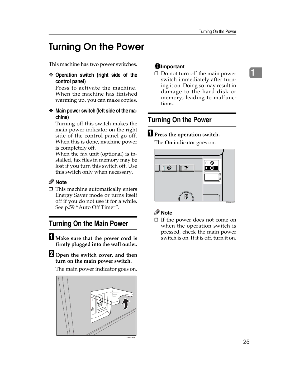 Lanier LD230, LD225 manual Turning On the Power, Turning On the Main Power, Operation switch right side of the control panel 