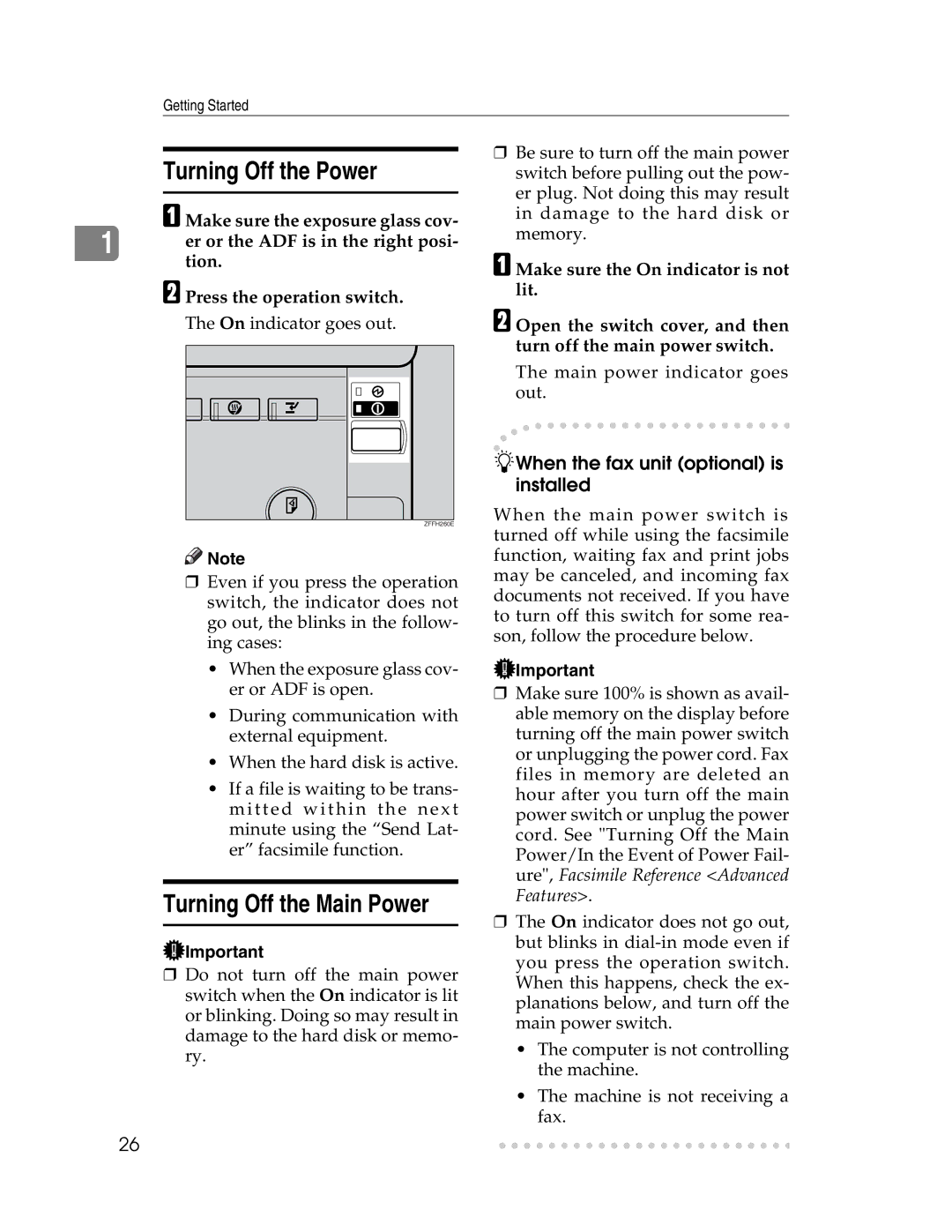 Lanier LD225, LD230 manual Turning Off the Power, Turning Off the Main Power, When the fax unit optional is installed 