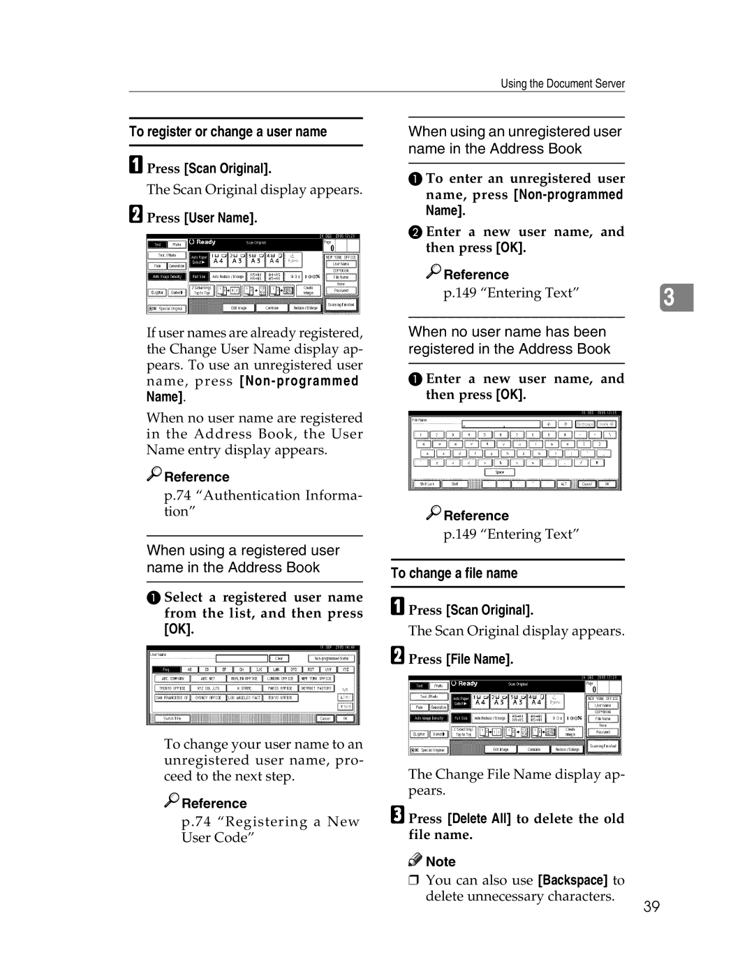 Lanier LD230, LD225 manual To register or change a user name, When using an unregistered user name in the Address Book 