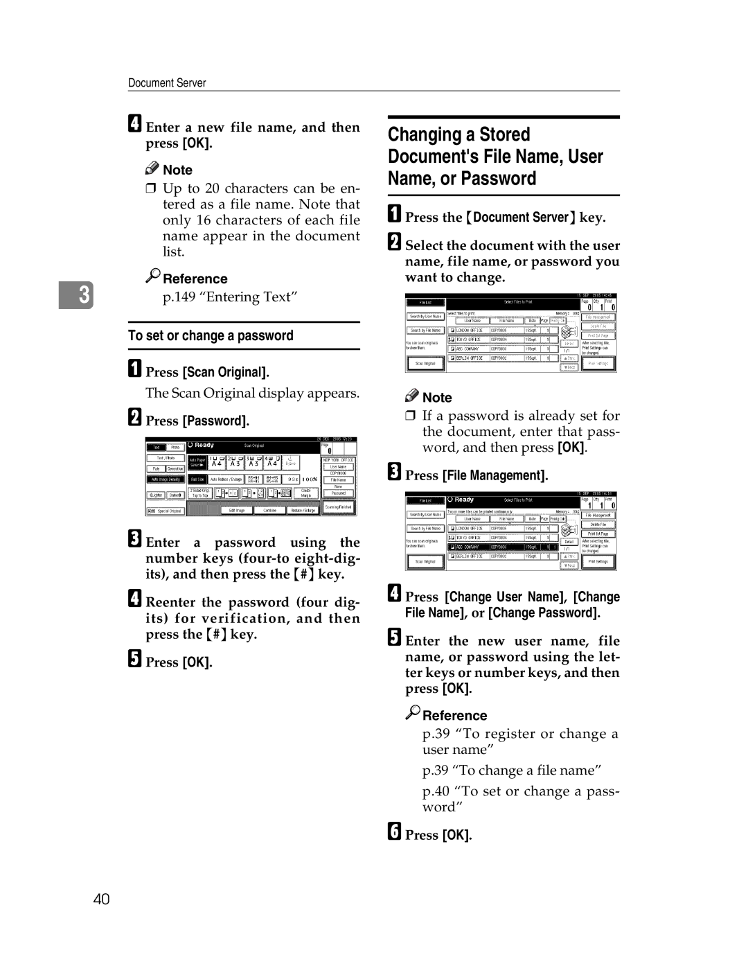 Lanier LD225 To set or change a password, Enter a new file name, and then press OK, Press Password, Press File Management 