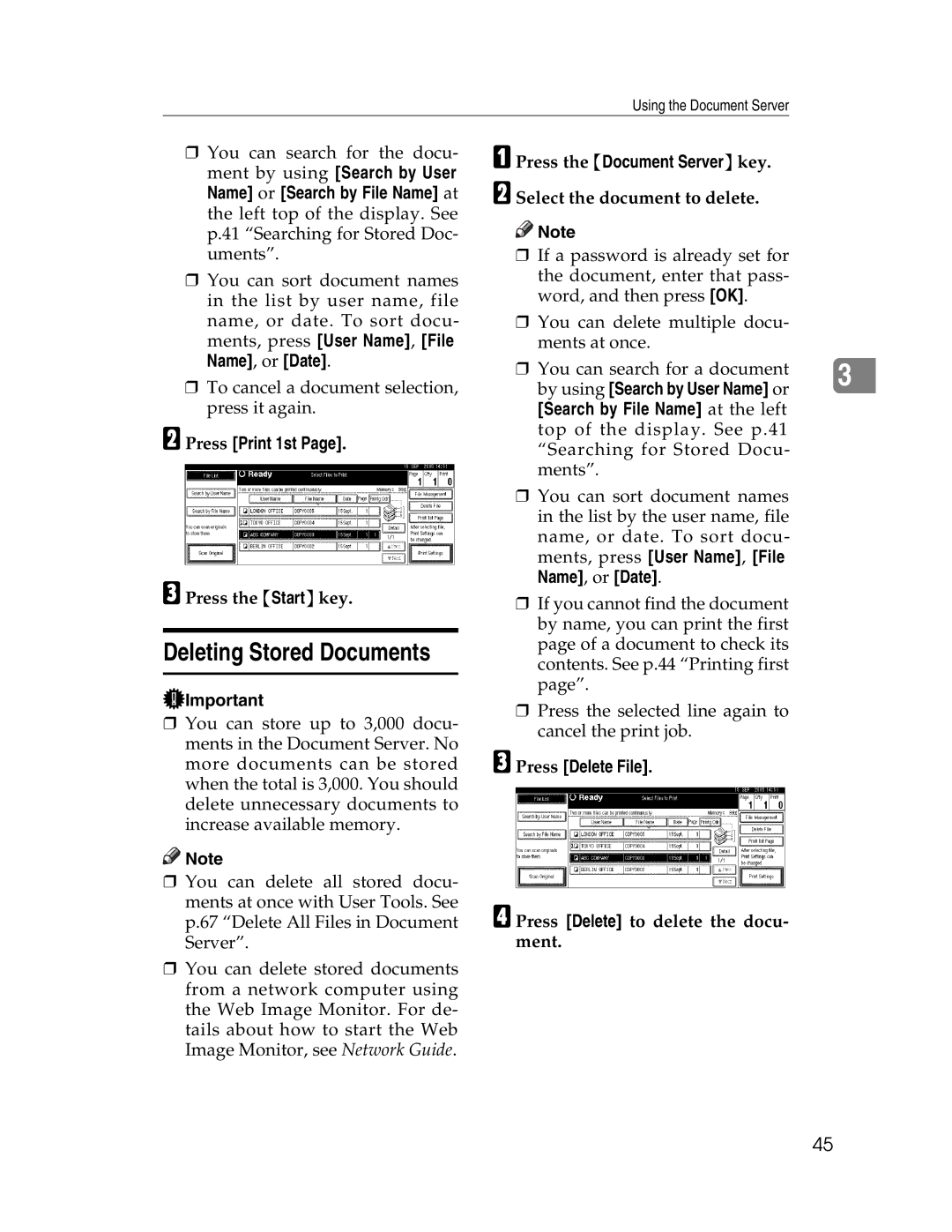 Lanier LD230 Deleting Stored Documents, Press Print 1st, By using Search by User Name or, Search by File Name at the left 