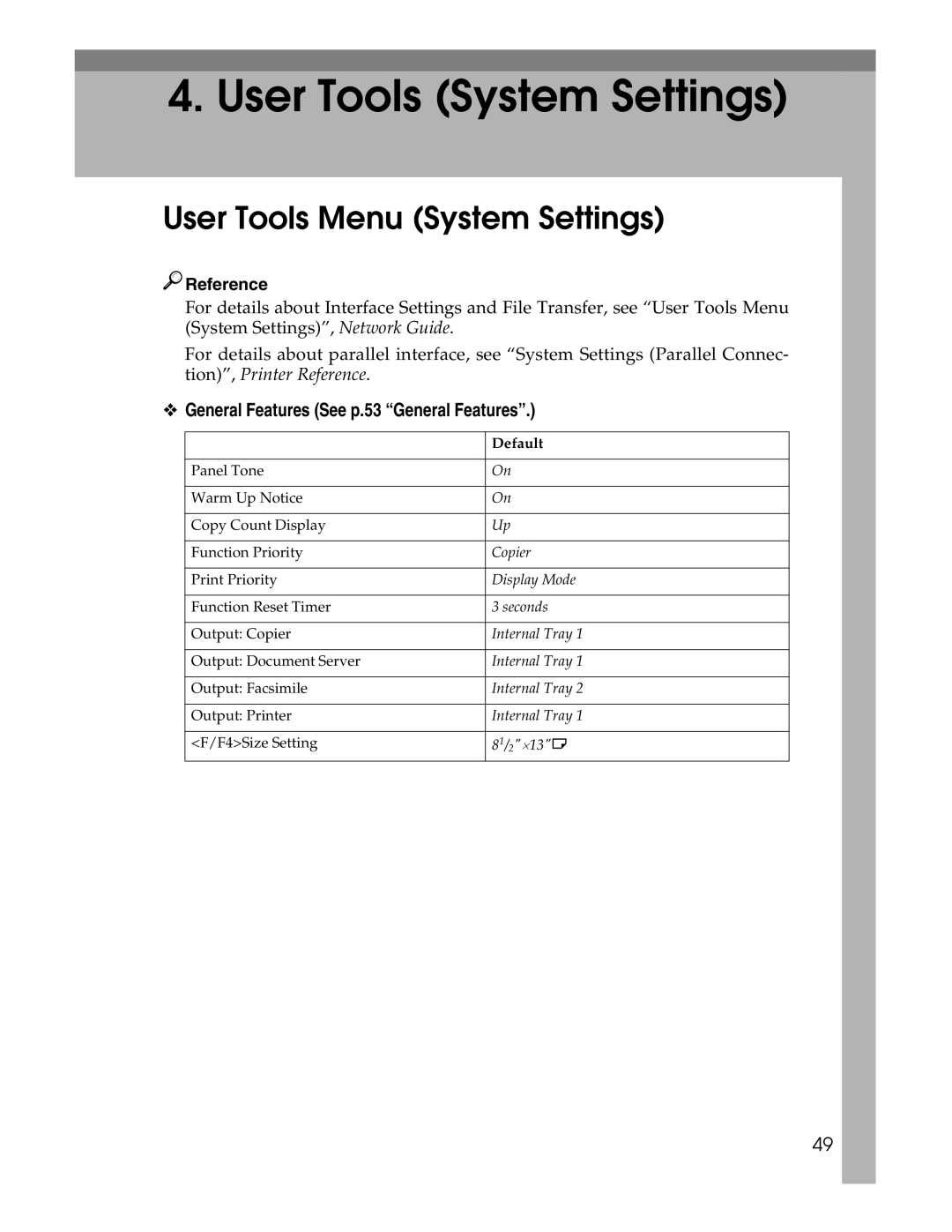 Lanier LD230, LD225 manual User Tools Menu System Settings, General Features See p.53 General Features 