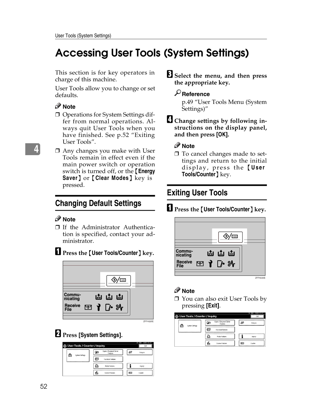 Lanier LD225 Accessing User Tools System Settings, Changing Default Settings, Exiting User Tools, Press System Settings 