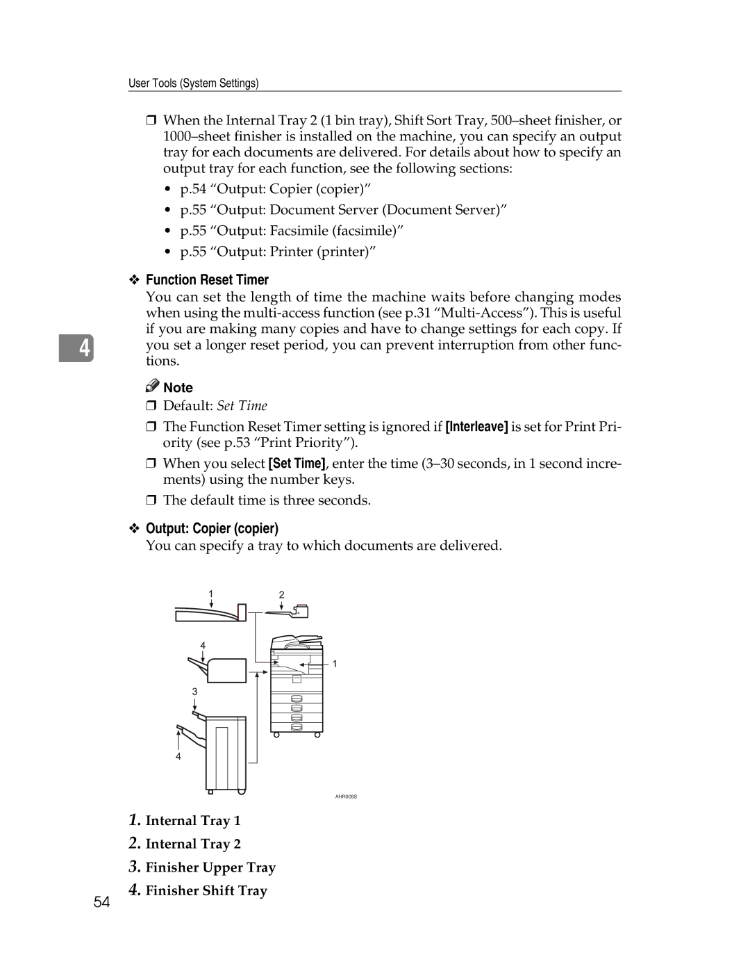 Lanier LD225, LD230 manual Function Reset Timer, Output Copier copier, Internal Tray Finisher Upper Tray Finisher Shift Tray 