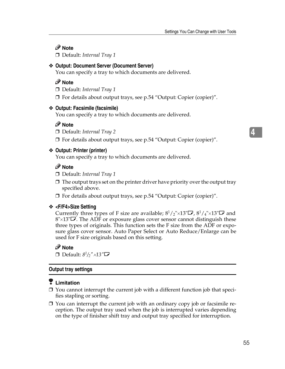 Lanier LD230 Output Document Server Document Server, Output Facsimile facsimile, Output Printer printer, F4Size Setting 