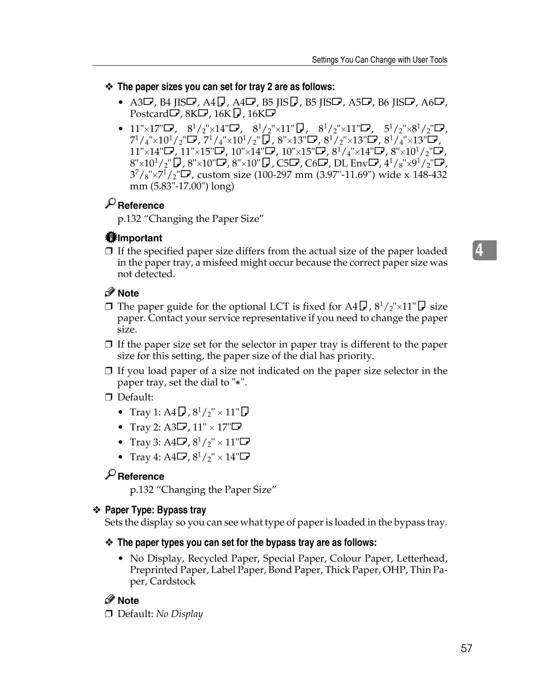 Lanier LD230, LD225 manual Paper sizes you can set for tray 2 are as follows, Paper Type Bypass tray 