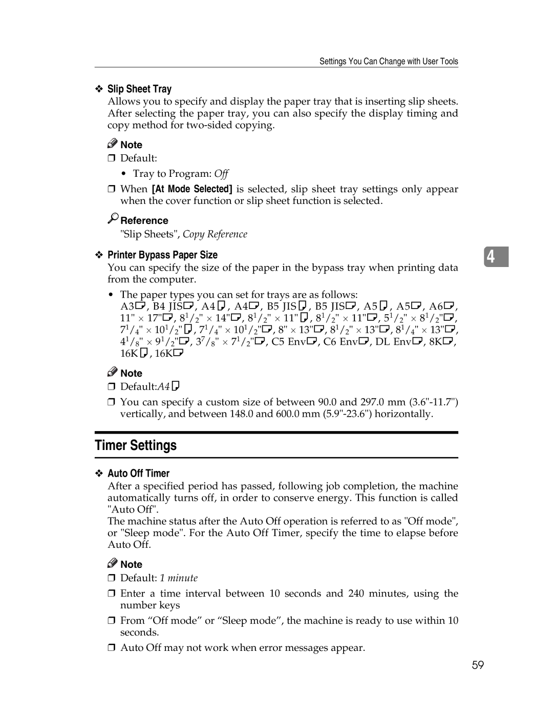 Lanier LD230, LD225 manual Timer Settings, Slip Sheet Tray, Printer Bypass Paper Size, Auto Off Timer 