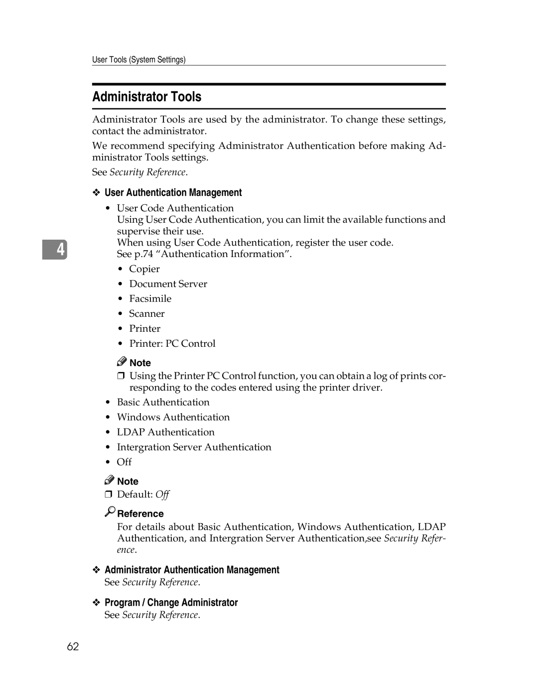 Lanier LD225, LD230 manual Administrator Tools, User Authentication Management, Administrator Authentication Management 