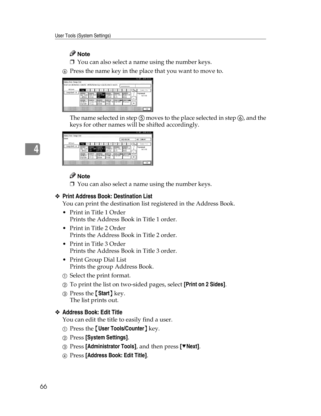 Lanier LD225, LD230 manual Print Address Book Destination List, Address Book Edit Title 