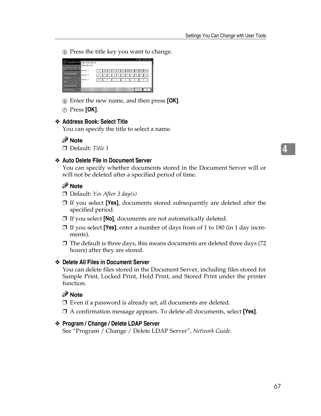 Lanier LD230, LD225 Address Book Select Title, Auto Delete File in Document Server, Delete All Files in Document Server 