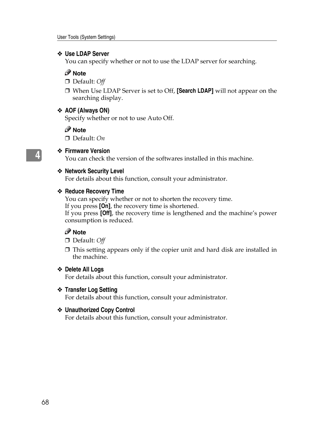 Lanier LD225, LD230 manual Use Ldap Server, AOF Always on, Firmware Version, Network Security Level, Reduce Recovery Time 