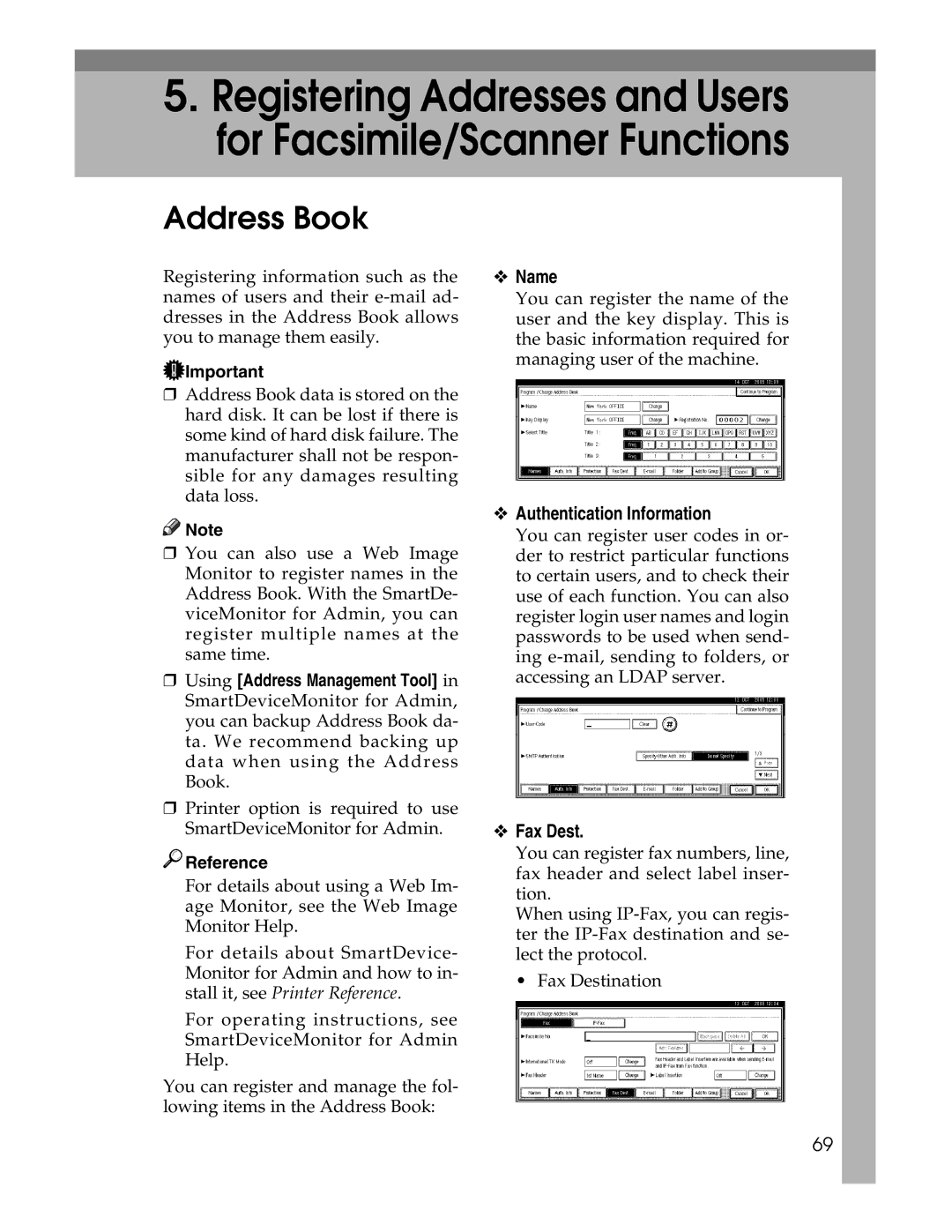 Lanier LD230, LD225 manual Address Book, Name, Authentication Information, Fax Dest 