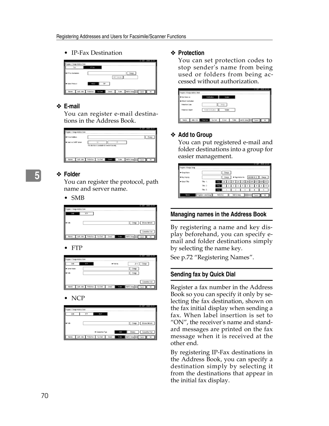 Lanier LD225, LD230 manual Protection, Mail, Add to Group, Managing names in the Address Book, Sending fax by Quick Dial 