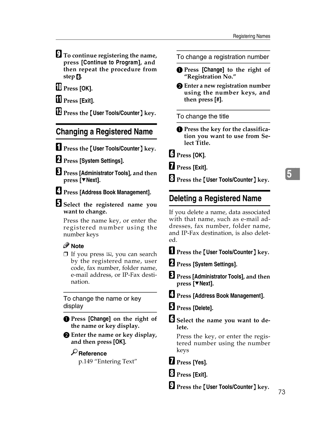 Lanier LD230, LD225 manual Deleting a Registered Name, To change the name or key display, To change a registration number 