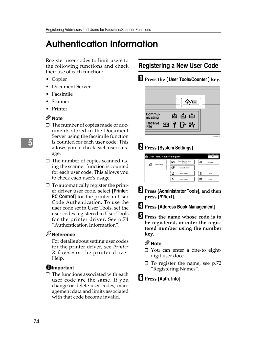 Lanier LD225, LD230 manual Authentication Information, Registering a New User Code, Press Auth. Info 