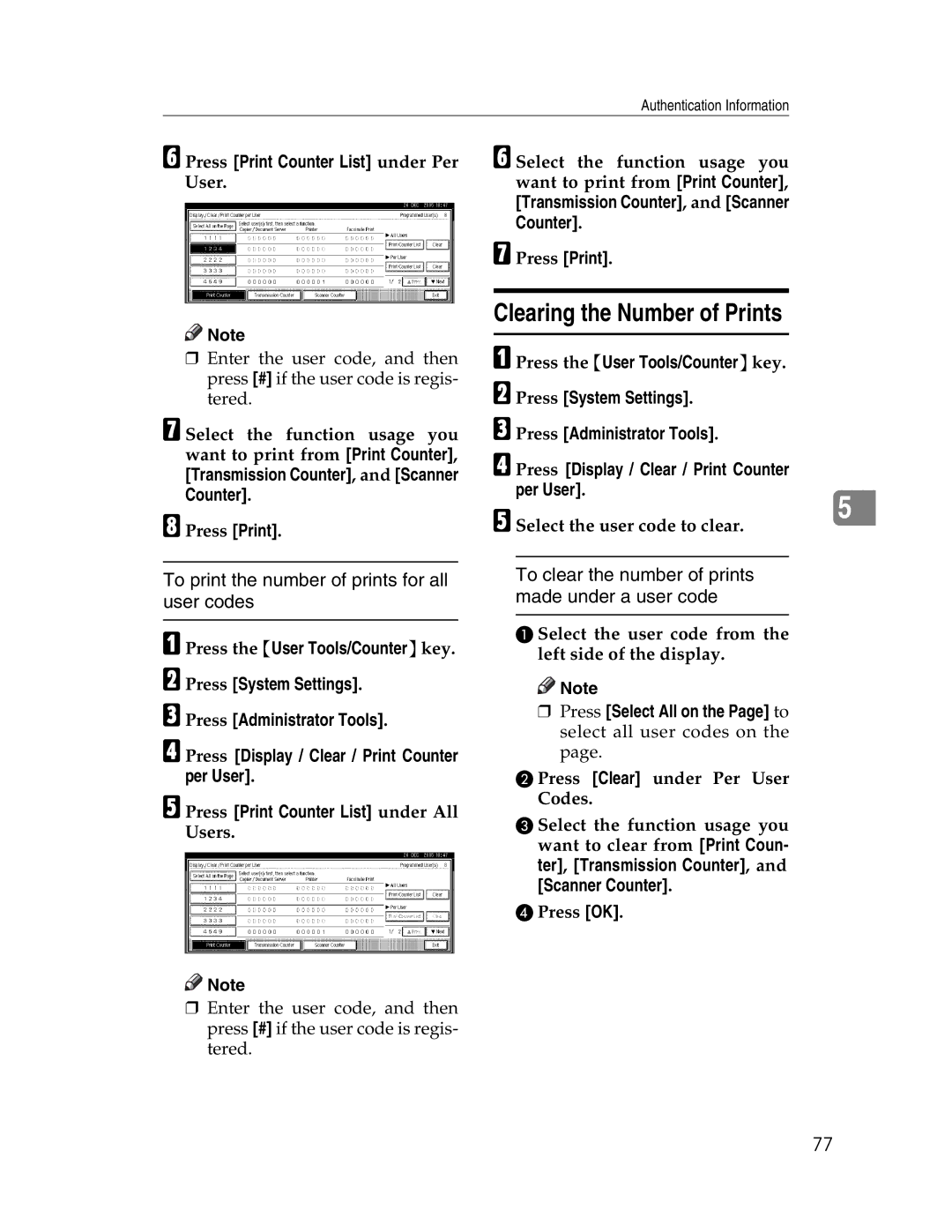 Lanier LD230, LD225 manual Clearing the Number of Prints, To print the number of prints for all user codes 