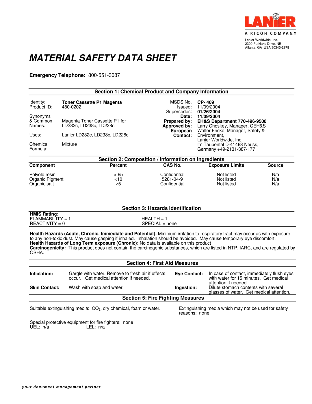Lanier LD238C, LD228C, LD232C manual Composition / Information on Ingredients, Hazards Identification, First Aid Measures 