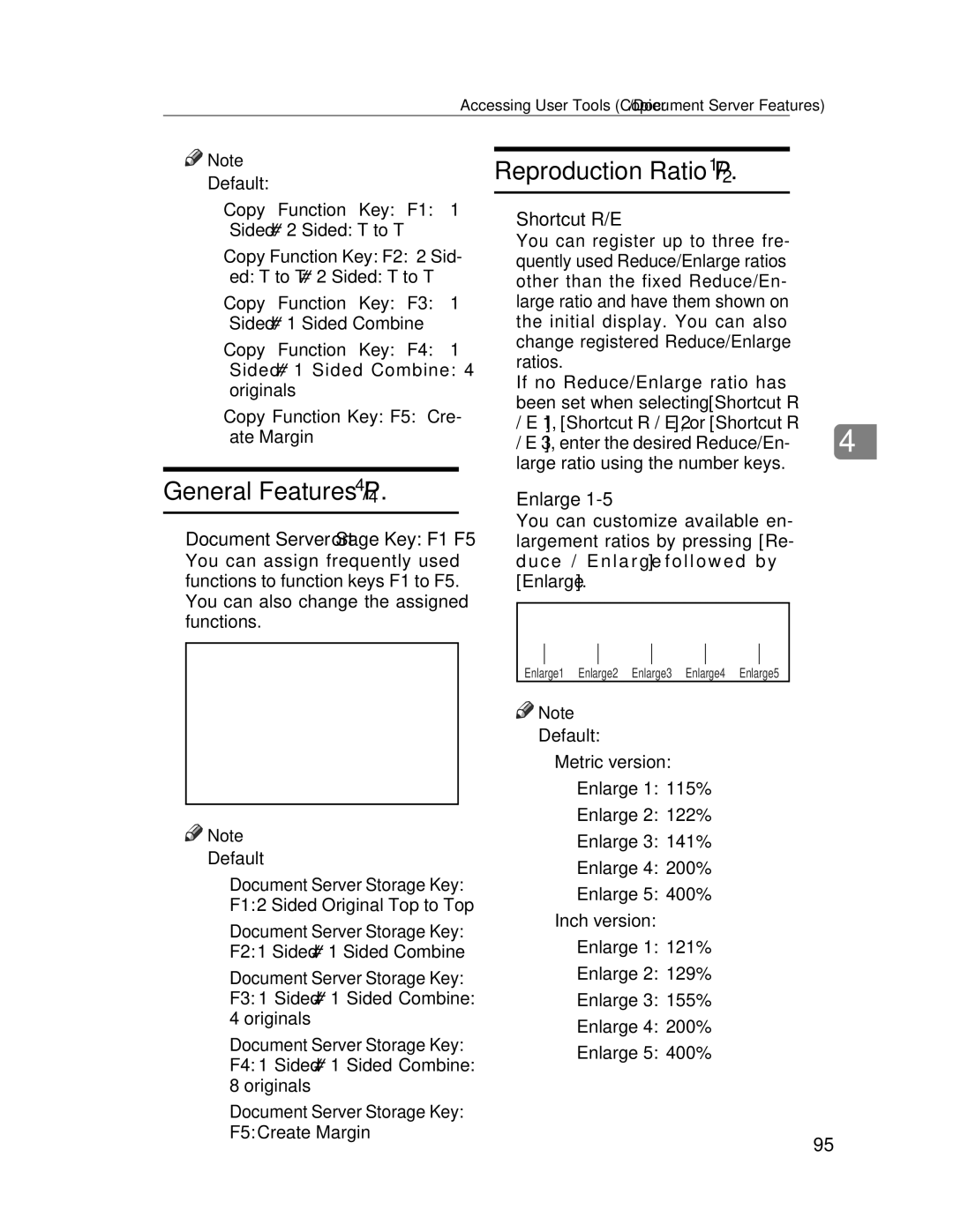 Lanier LD235 Reproduction Ratio P.1/2, General Features P.4/4, Shortcut R/E, Enlarge, Shortcut R / E 2, or Shortcut R 