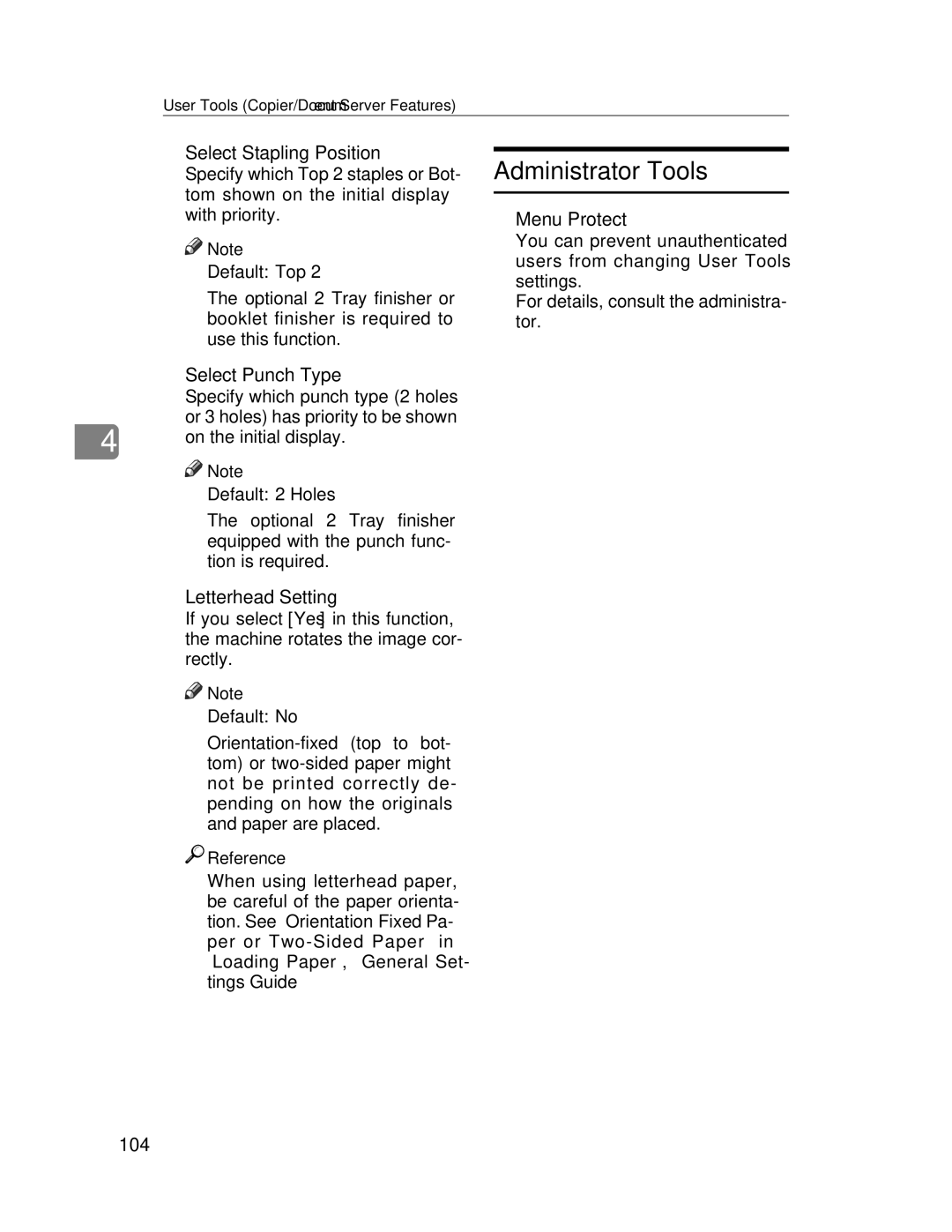 Lanier LD245, LD235 Administrator Tools, Select Stapling Position, Menu Protect, Select Punch Type, Letterhead Setting 