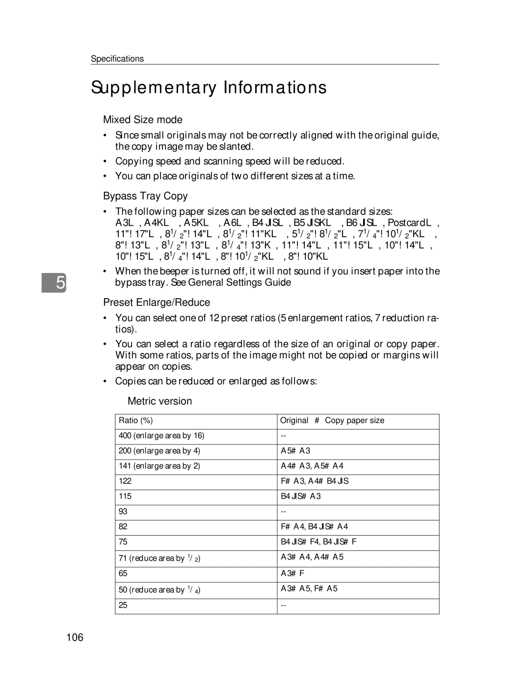 Lanier LD245 manual Supplementary Informations, Bypass Tray Copy, Preset Enlarge/Reduce, Ratio % Original → Copy paper size 