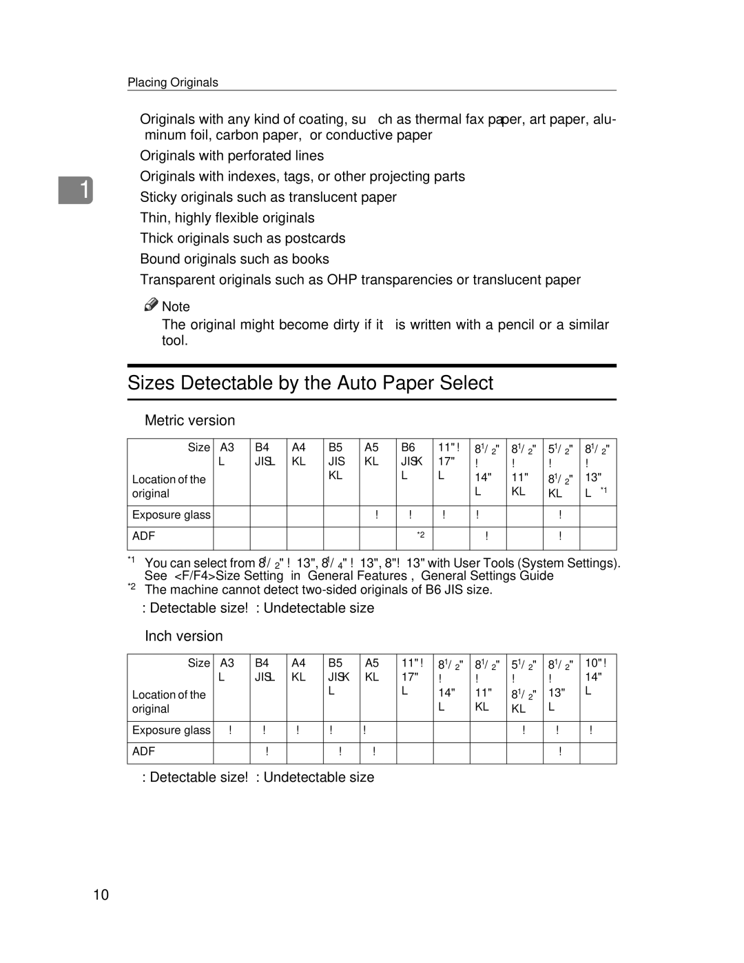 Lanier LD245, LD235 manual Sizes Detectable by the Auto Paper Select 