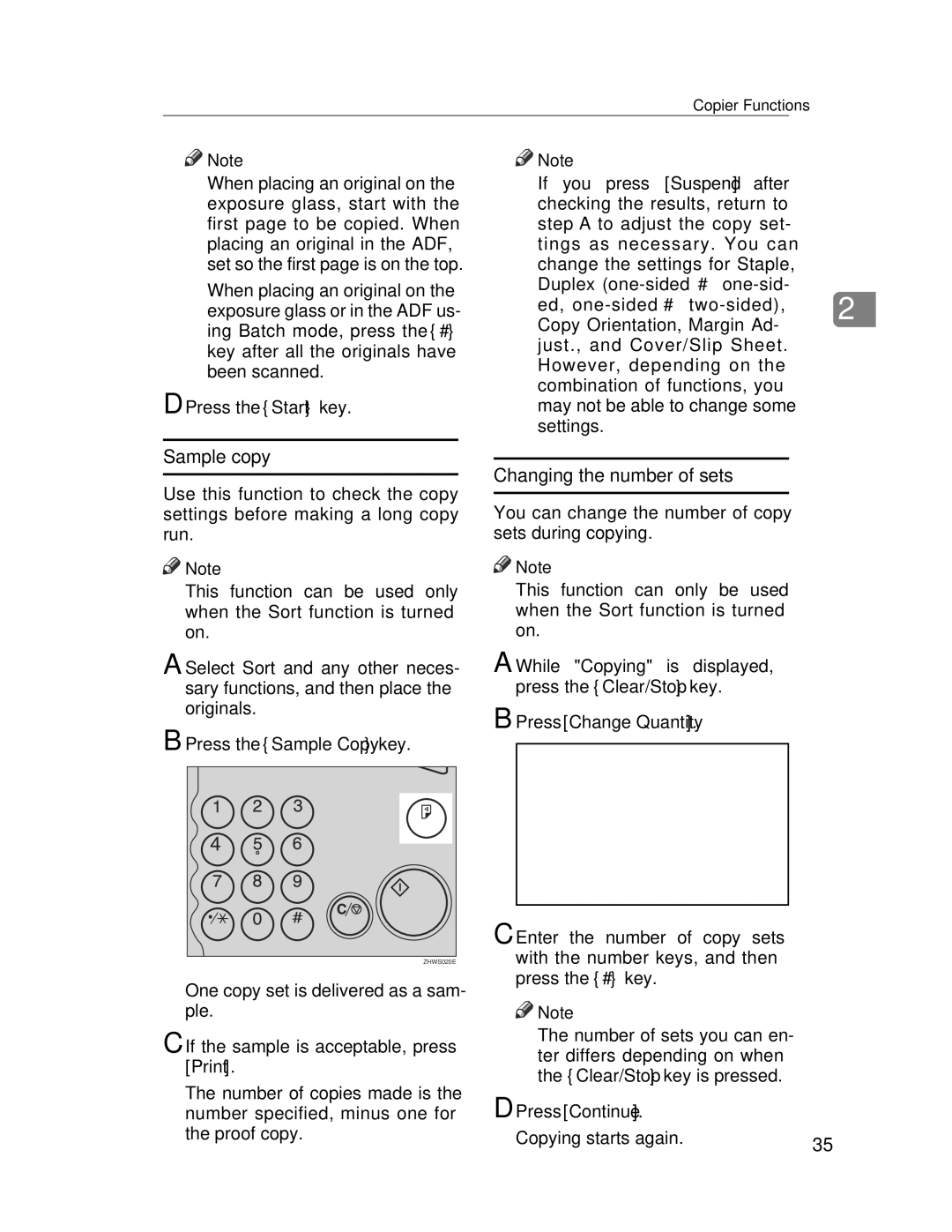 Lanier LD235, LD245 manual Sample copy, Changing the number of sets, Press Change Quantity, Press Continue 