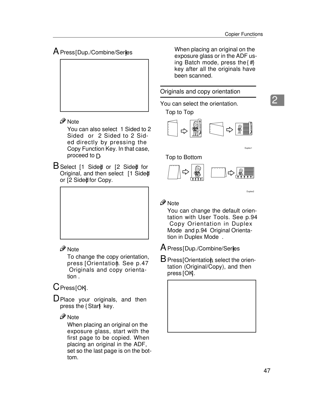 Lanier LD235, LD245 manual Originals and copy orientation, Press Dup./Combine/Series 