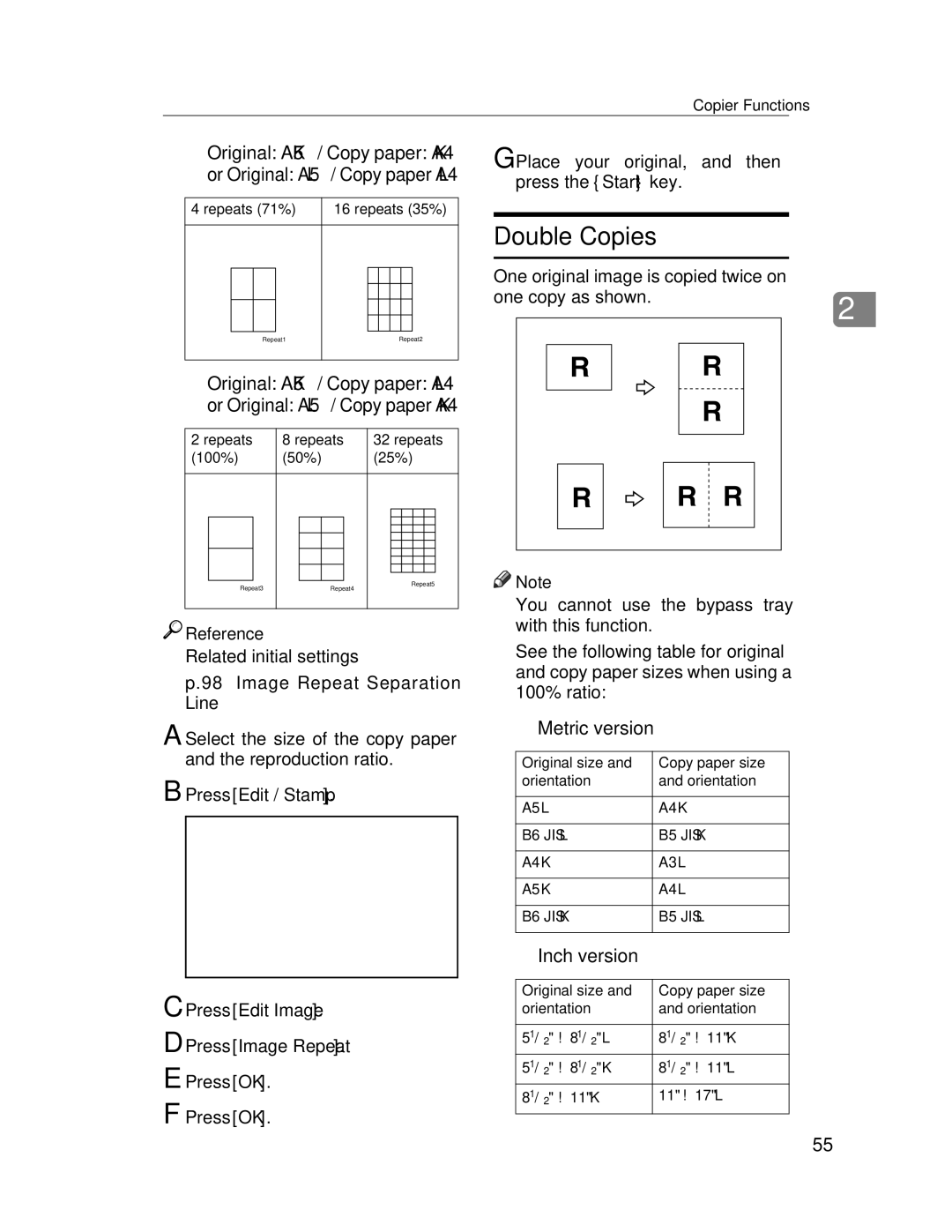 Lanier LD235, LD245 manual Double Copies, Original A5K/ Copy paper A4K, Original A5K/ Copy paper A4L 