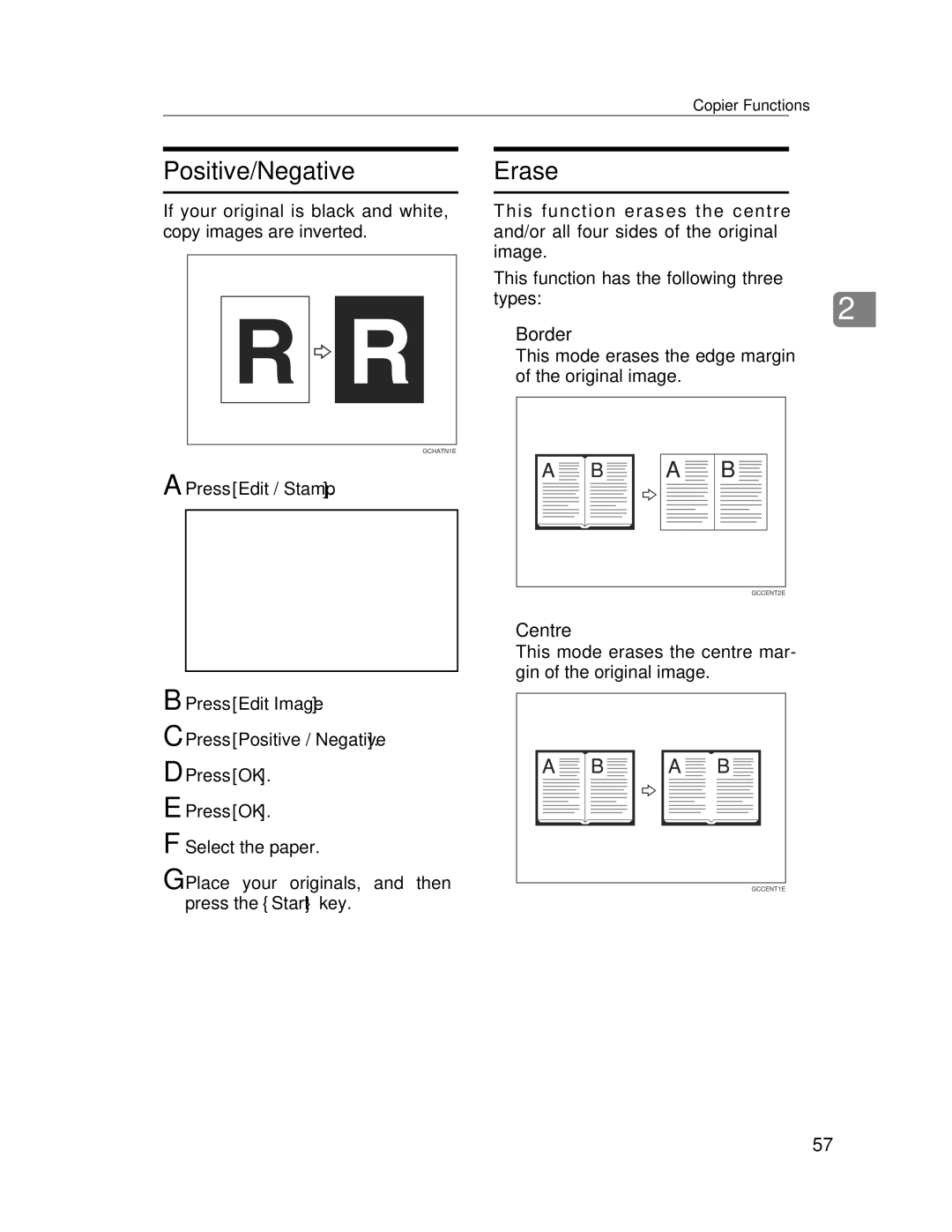 Lanier LD235, LD245 manual Positive/Negative, Erase, Border, Centre 