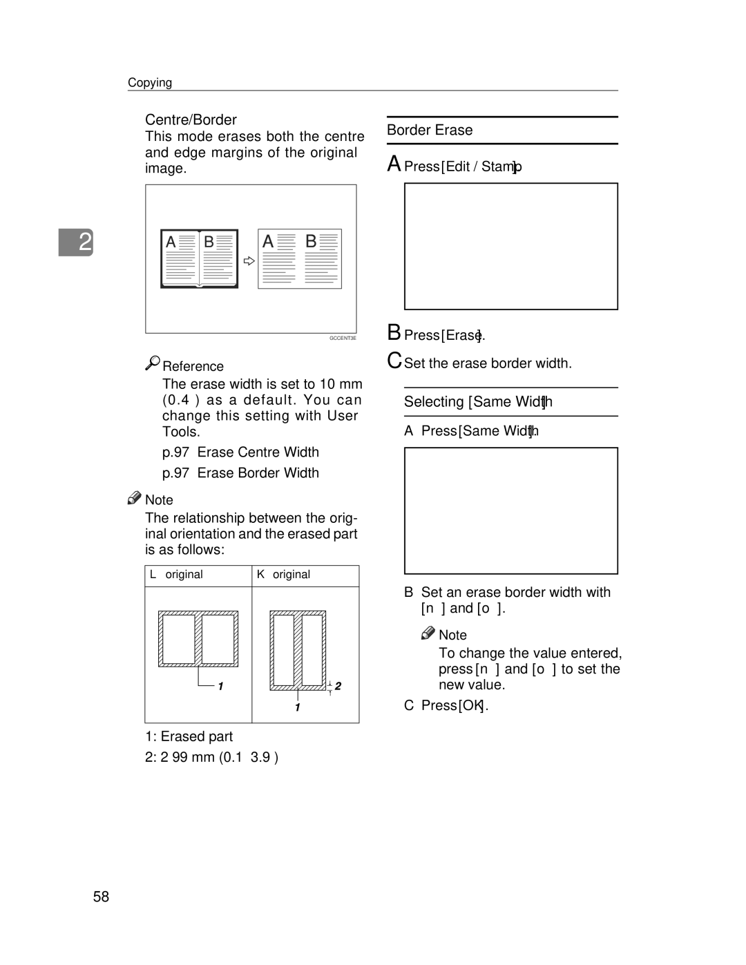 Lanier LD245, LD235 manual Centre/Border, Border Erase, Selecting Same Width, Press Edit / Stamp, Press Same Width 