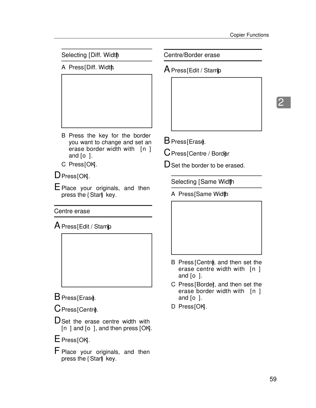 Lanier LD235, LD245 manual Selecting Diff. Width, Centre/Border erase, Centre erase 