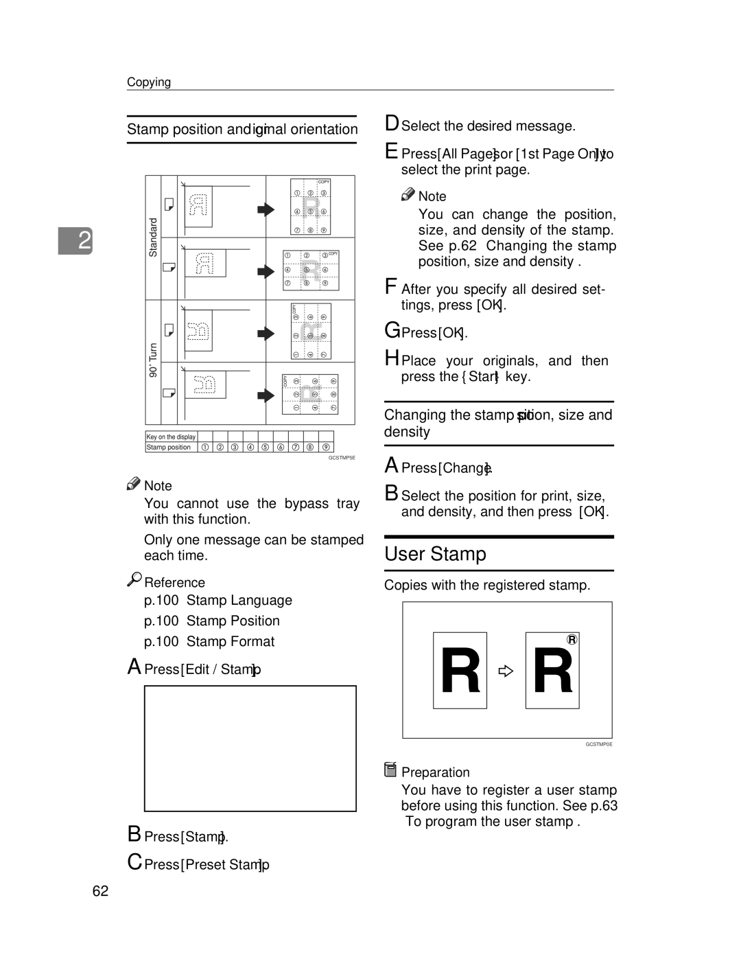 Lanier LD245, LD235 User Stamp, Changing the stamp position, size and density, Stamp position and original orientation 