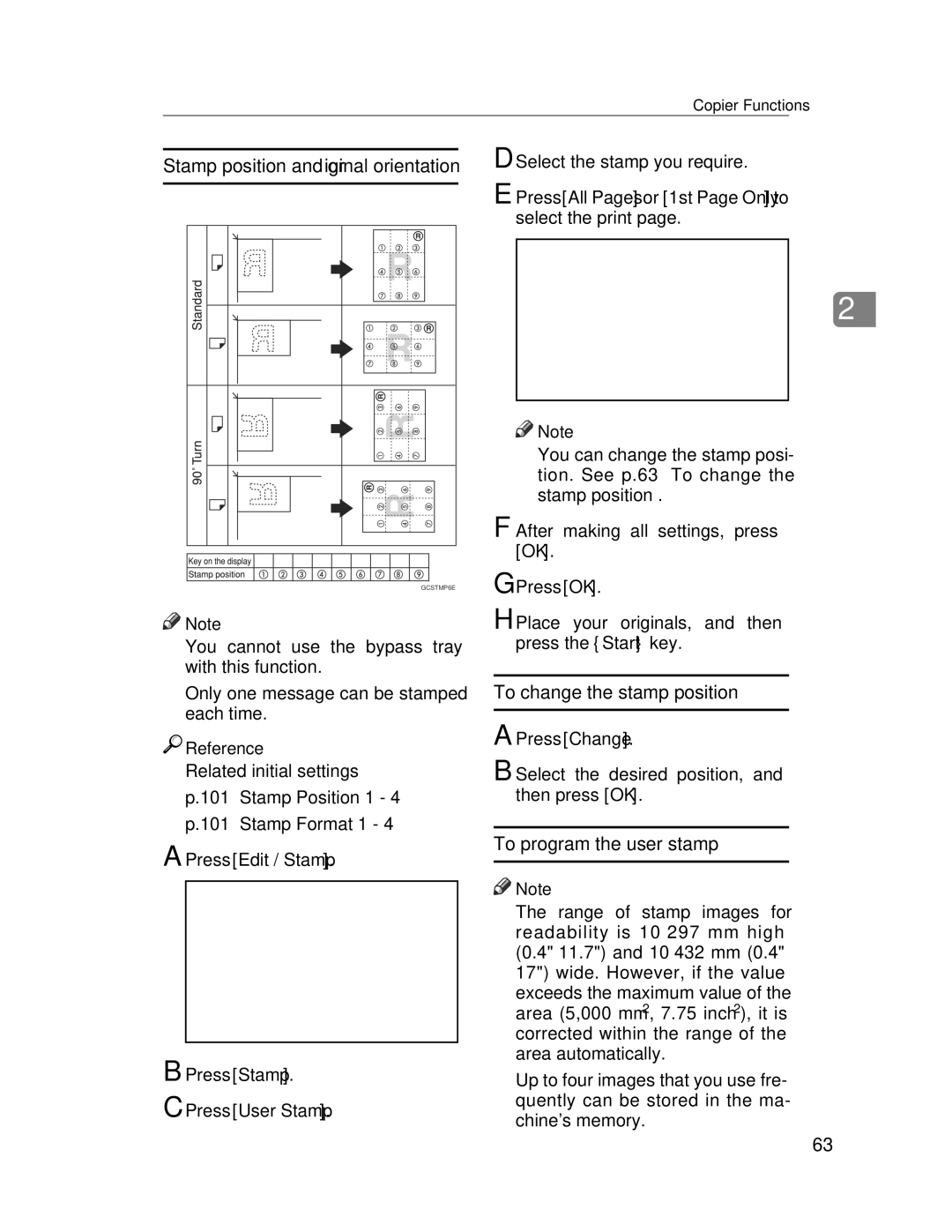 Lanier LD235, LD245 manual To change the stamp position, To program the user stamp, Press User Stamp 