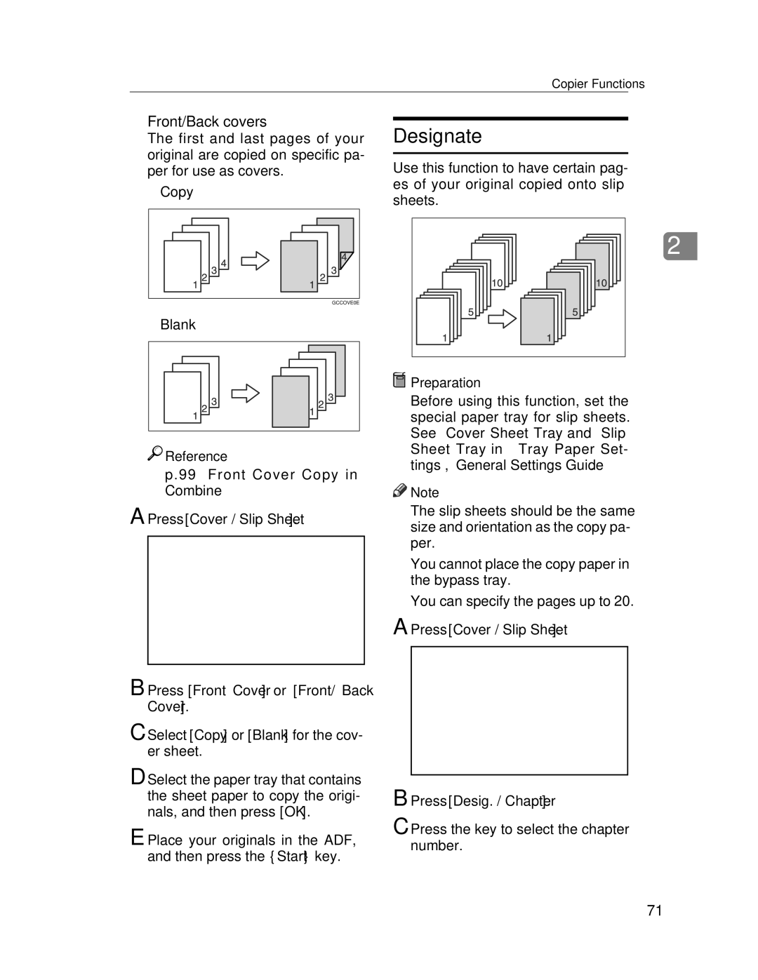 Lanier LD235, LD245 manual Designate, Front/Back covers, Press Cover / Slip Sheet Press Desig. / Chapter 