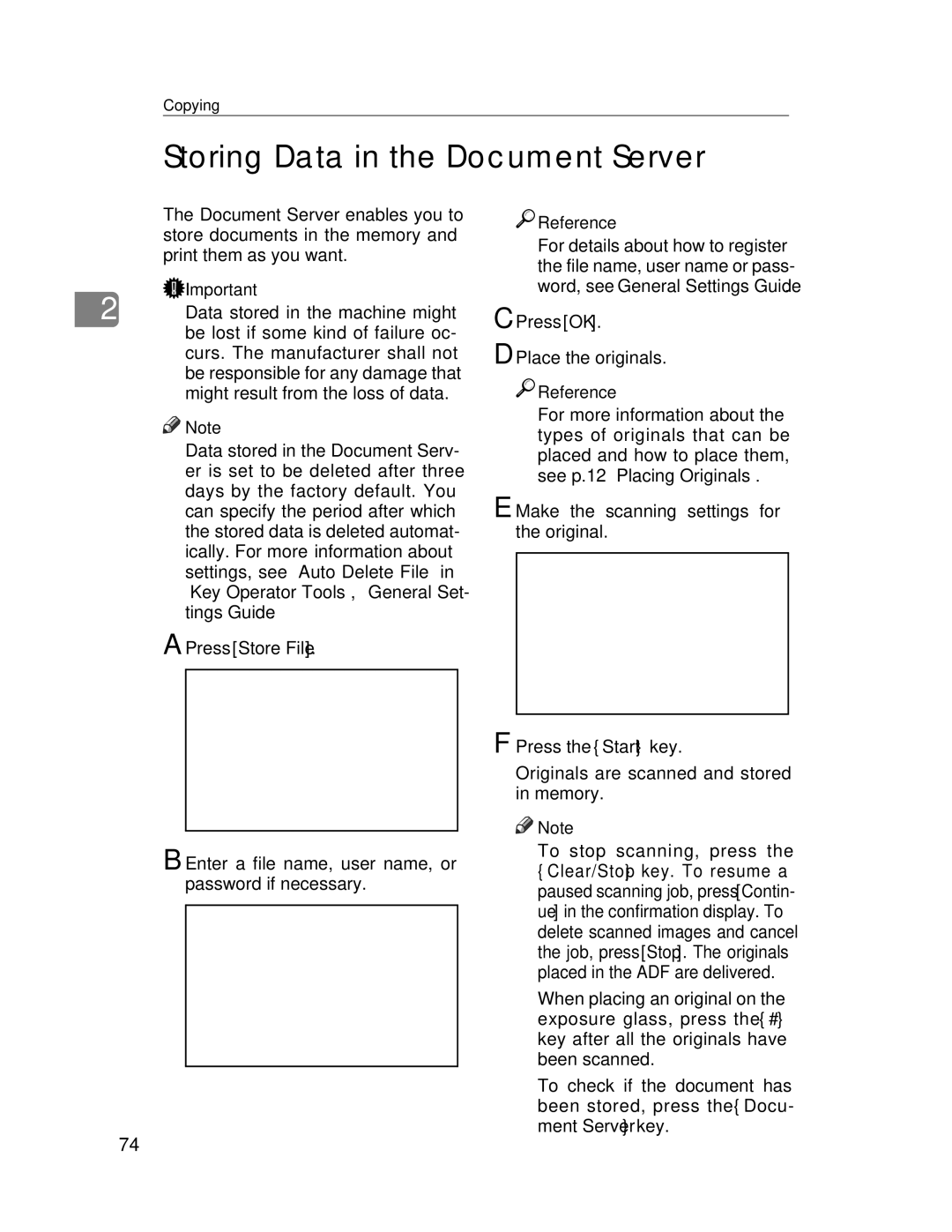 Lanier LD245 Storing Data in the Document Server, Press Store File, Enter a file name, user name, or password if necessary 