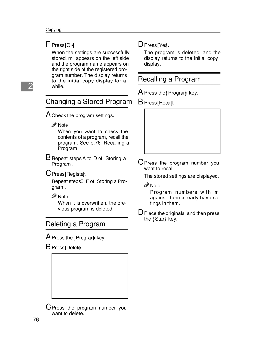 Lanier LD245, LD235 manual Changing a Stored Program, Deleting a Program, Recalling a Program, Press Delete, Press Recall 