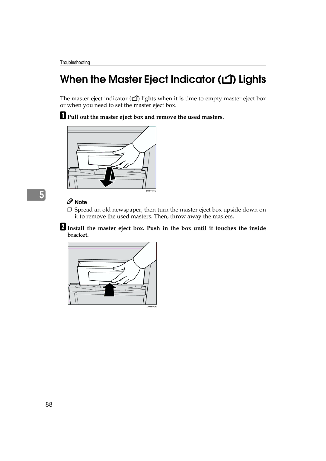 Lanier LDD030, JP1030 When the Master Eject Indicator k Lights, Pull out the master eject box and remove the used masters 