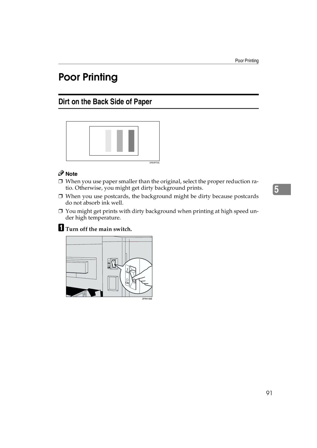 Lanier JP1030, LDD030 manual Poor Printing, Dirt on the Back Side of Paper, Turn off the main switch 