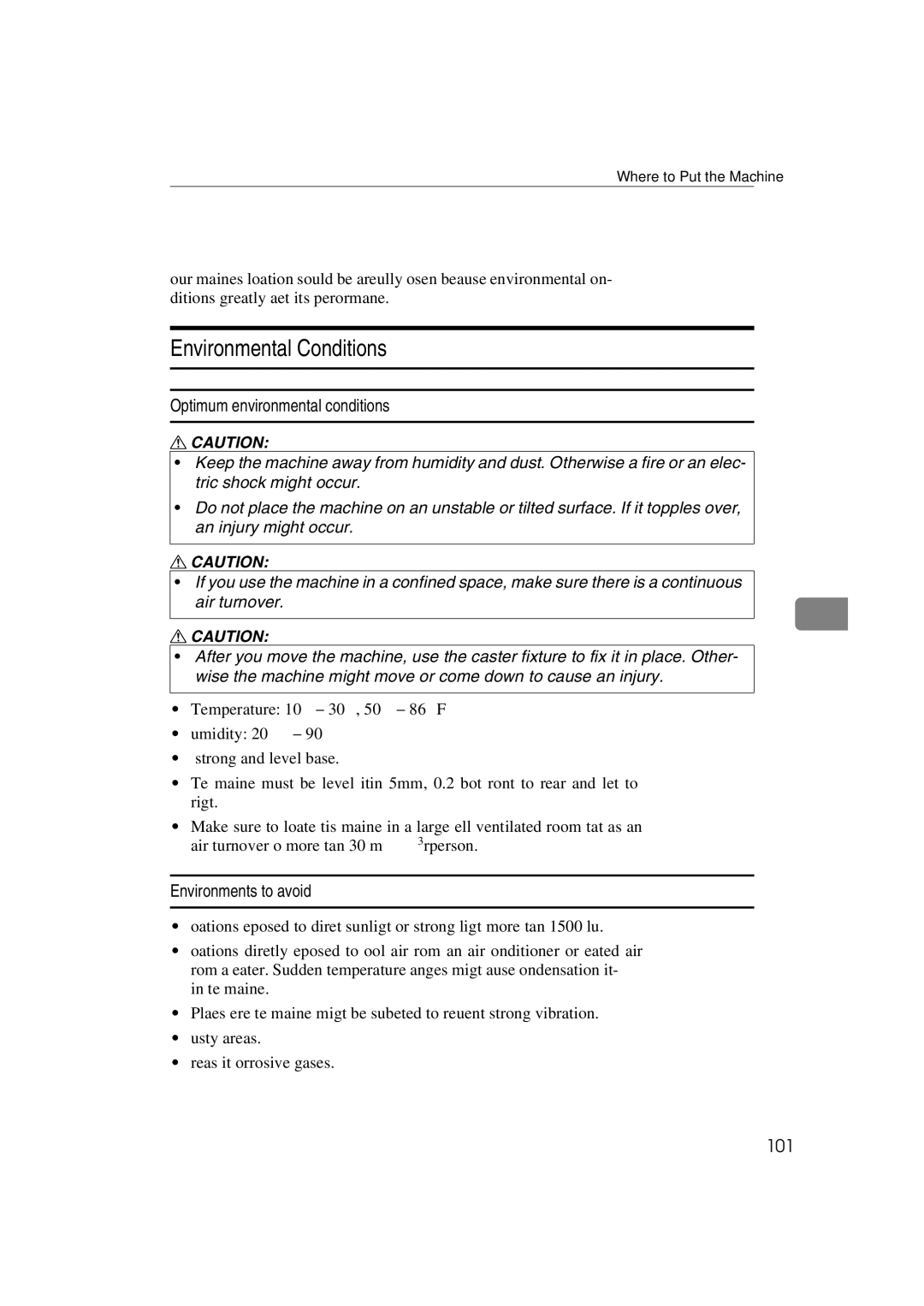 Lanier JP1030 Where to Put the Machine, Environmental Conditions, Optimum environmental conditions, Environments to avoid 
