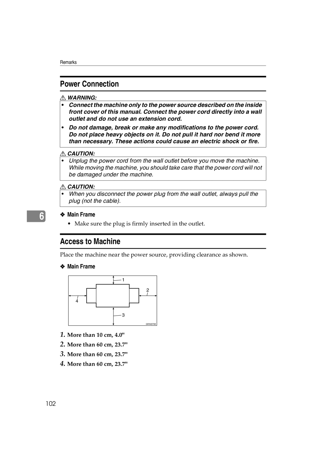 Lanier LDD030, JP1030 manual Power Connection, Access to Machine, Main Frame, More than 10 cm More than 60 cm 