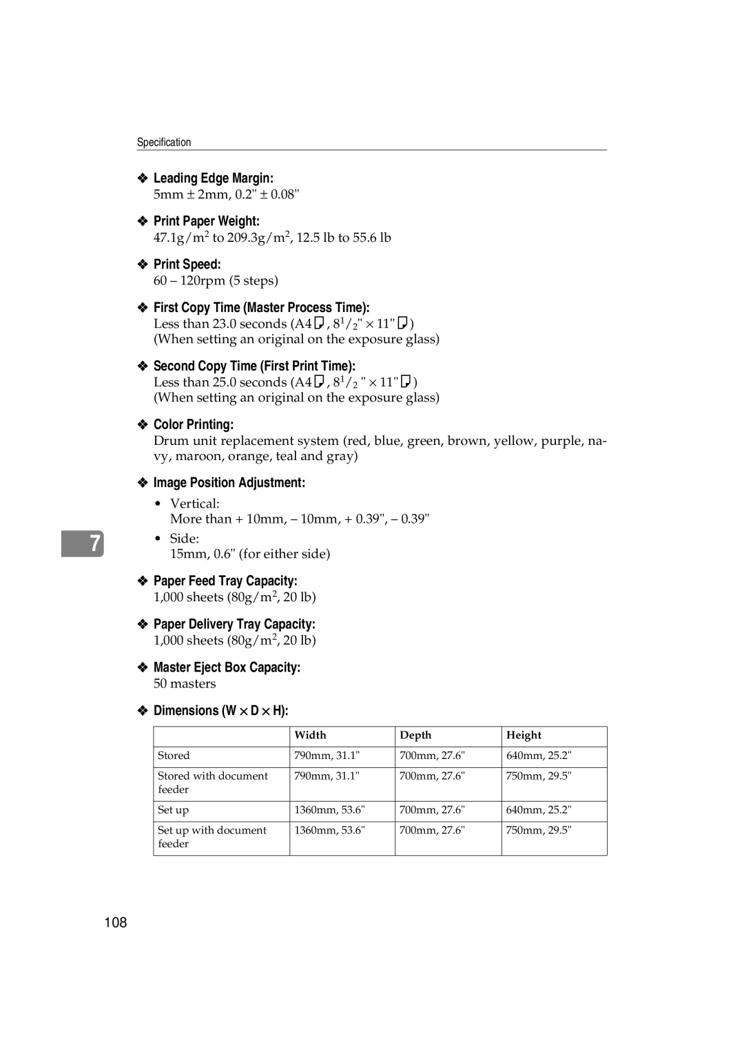 Lanier LDD030 Leading Edge Margin, Print Paper Weight, Print Speed, First Copy Time Master Process Time, Color Printing 