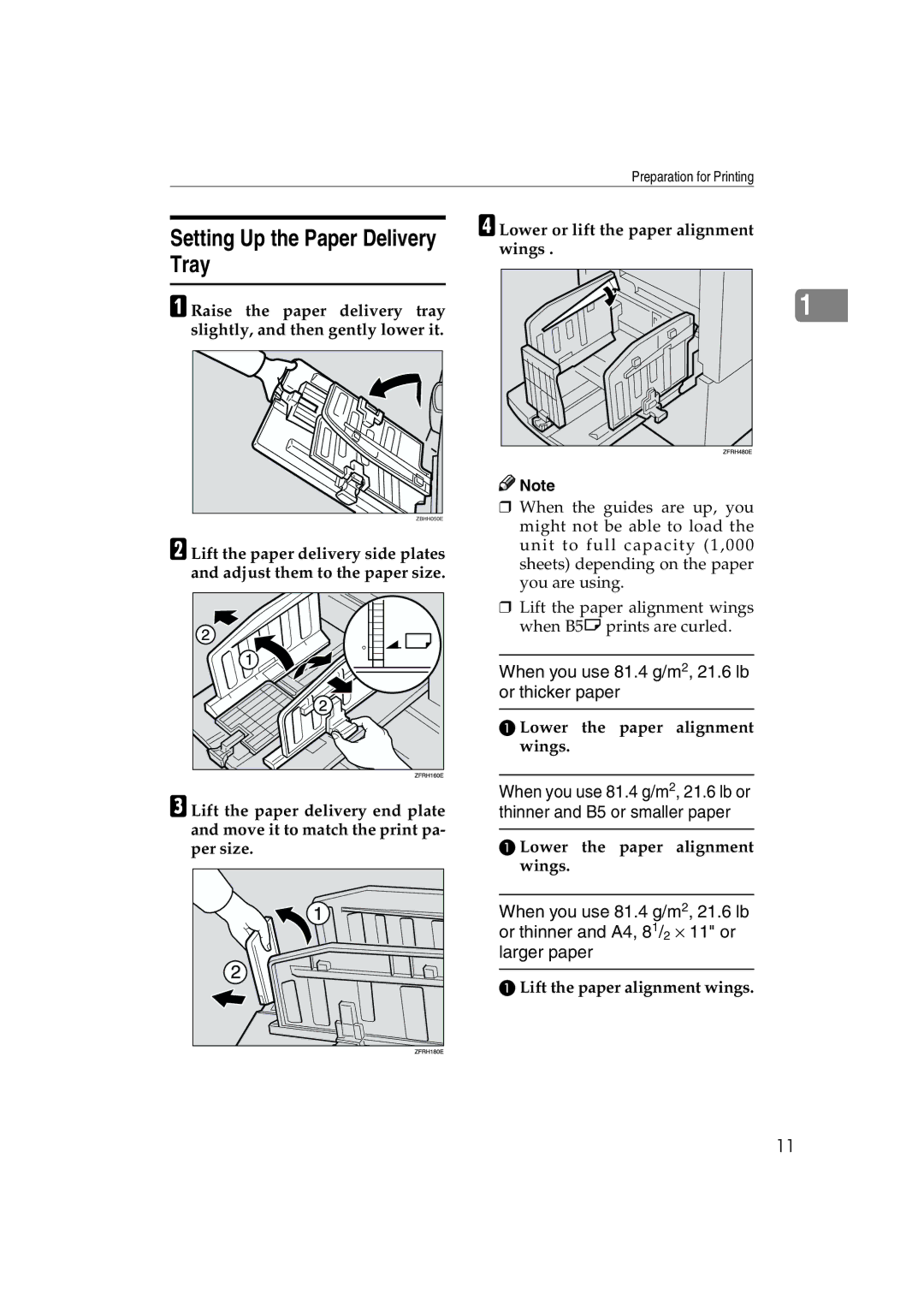 Lanier JP1030, LDD030 Setting Up the Paper Delivery Tray, Lower the paper alignment wings, Lift the paper alignment wings 